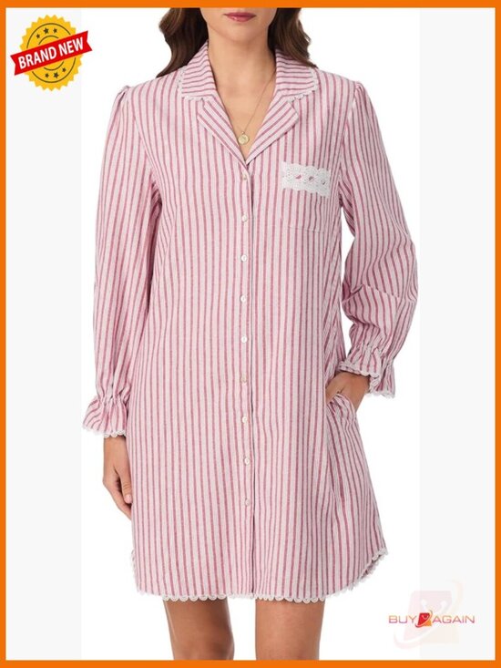 Other - Long Sleeve Brushed Flannel Nightshirt w/ Lace Trim & Pockets